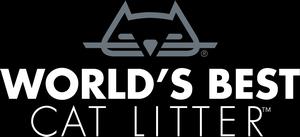 World's Best Cat Litter brand logo, gray cat, white type