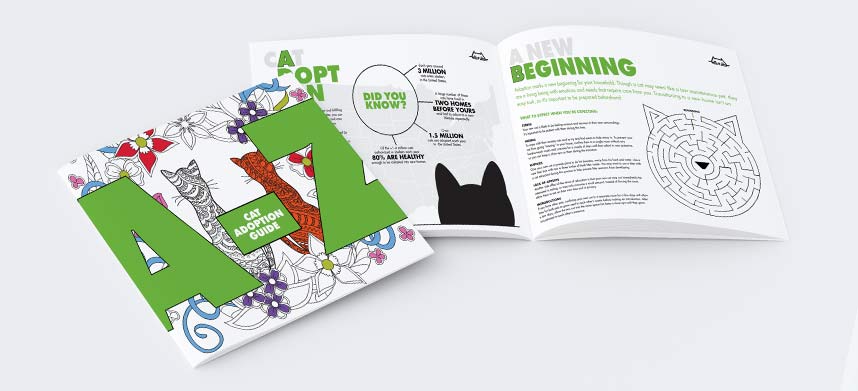 World's Best Cat Litter A to Z Adoption Guide, cover image and booklet opened to show pages A and B