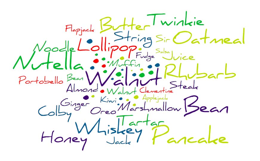 •	Applejack
•	Almond
•	Bean
•	Butter
•	Colby Jack
•	Clementine
•	Flapjack
•	Fudge
•	Ginger
•	Honey
•	Juice
•	Kiwi
•	Lollipop
•	Marshmallow
•	Muffin
•	Noodle
•	Nutella
•	Oatmeal
•	Oreo
•	Pancake
•	Portobello
•	Rhubarb
•	Salsa
•	Sir Walnut
•	Steak Tartar
•	String Bean
•	Twinkie
•	Walnut
•	Whiskey