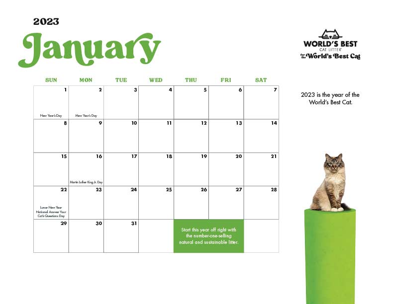 World's Best Cat Litter 2023 Cat Calendar thumbnail.