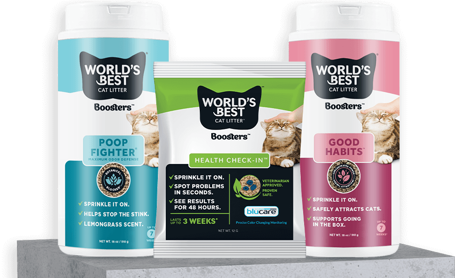 World’s Best Cat Litter® Boosters™ - Poop Fighter® Maximum Odor Defense, Health Check-In™, Good Habits™ product shots.